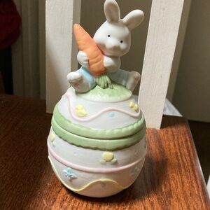 Lillian Vernon Vintage Ceramic Bunny with Carrot on Egg Figurine